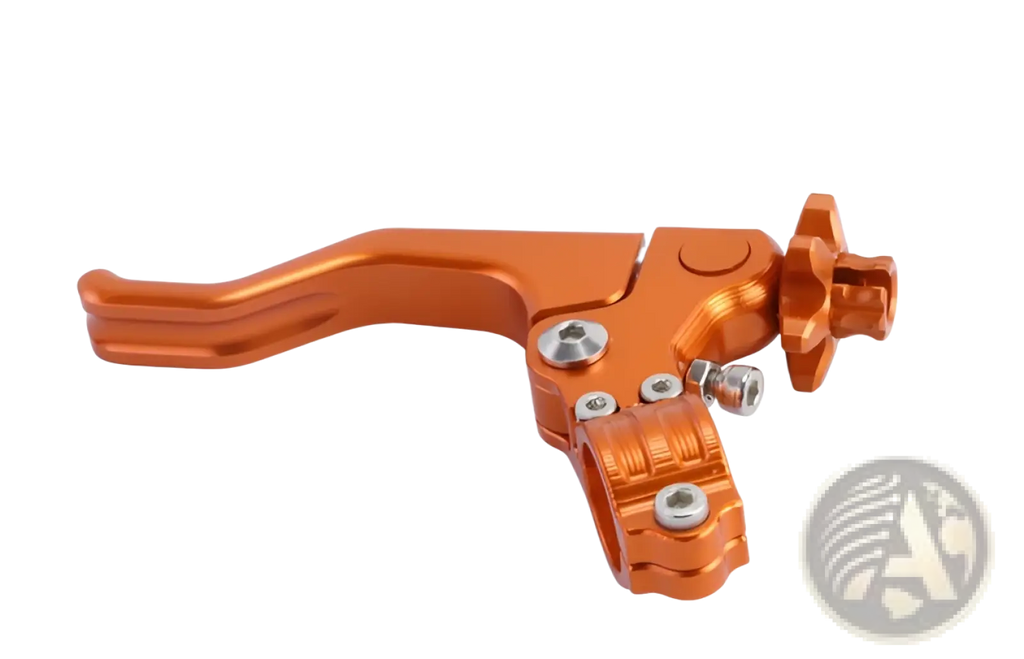 Orange aluminum motorcycle brake lever with textured grip and adjustable knob for 2 finger clutch control