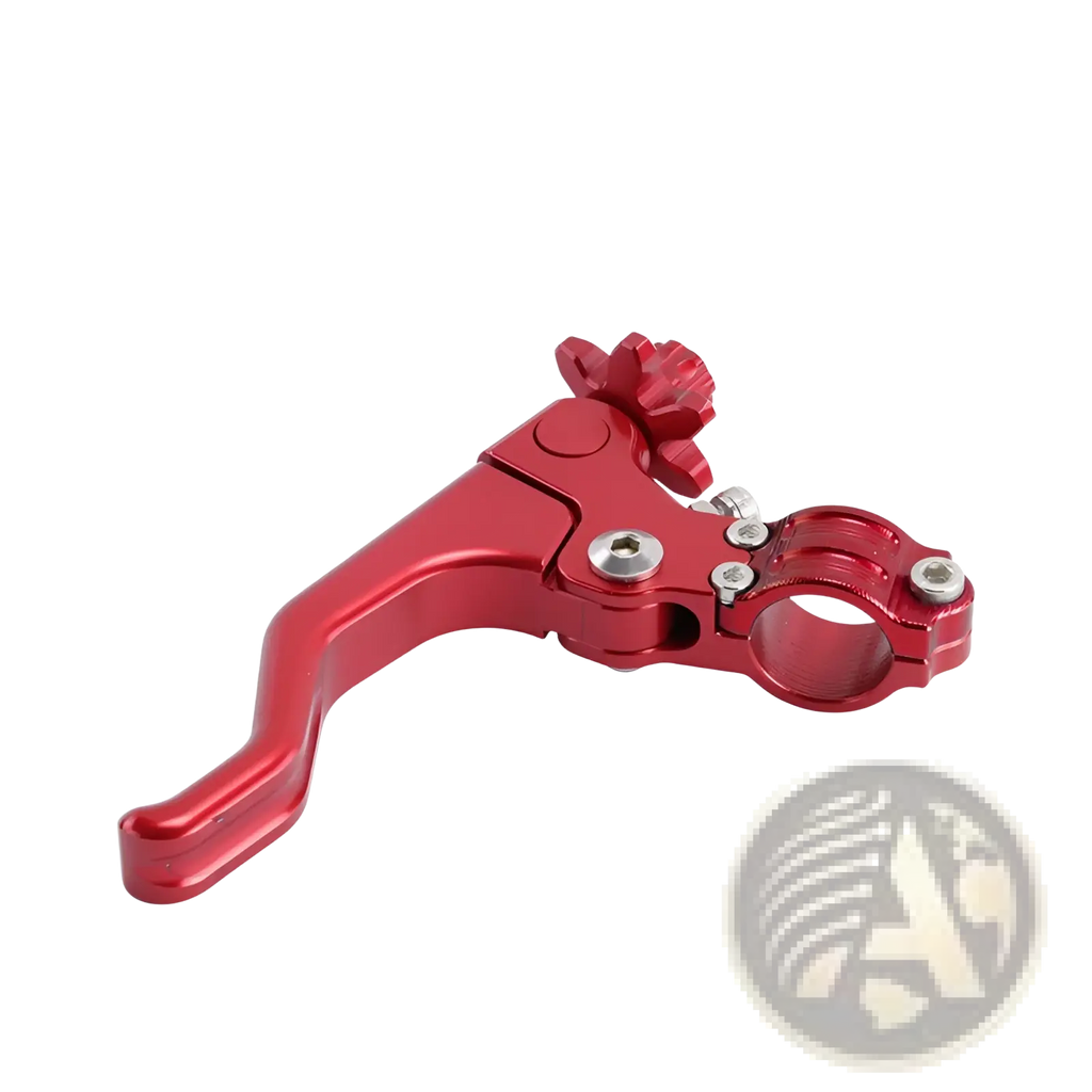 Red aluminum 2 finger motorcycle brake clutch lever set with textured grip and silver bolts shown from the back side