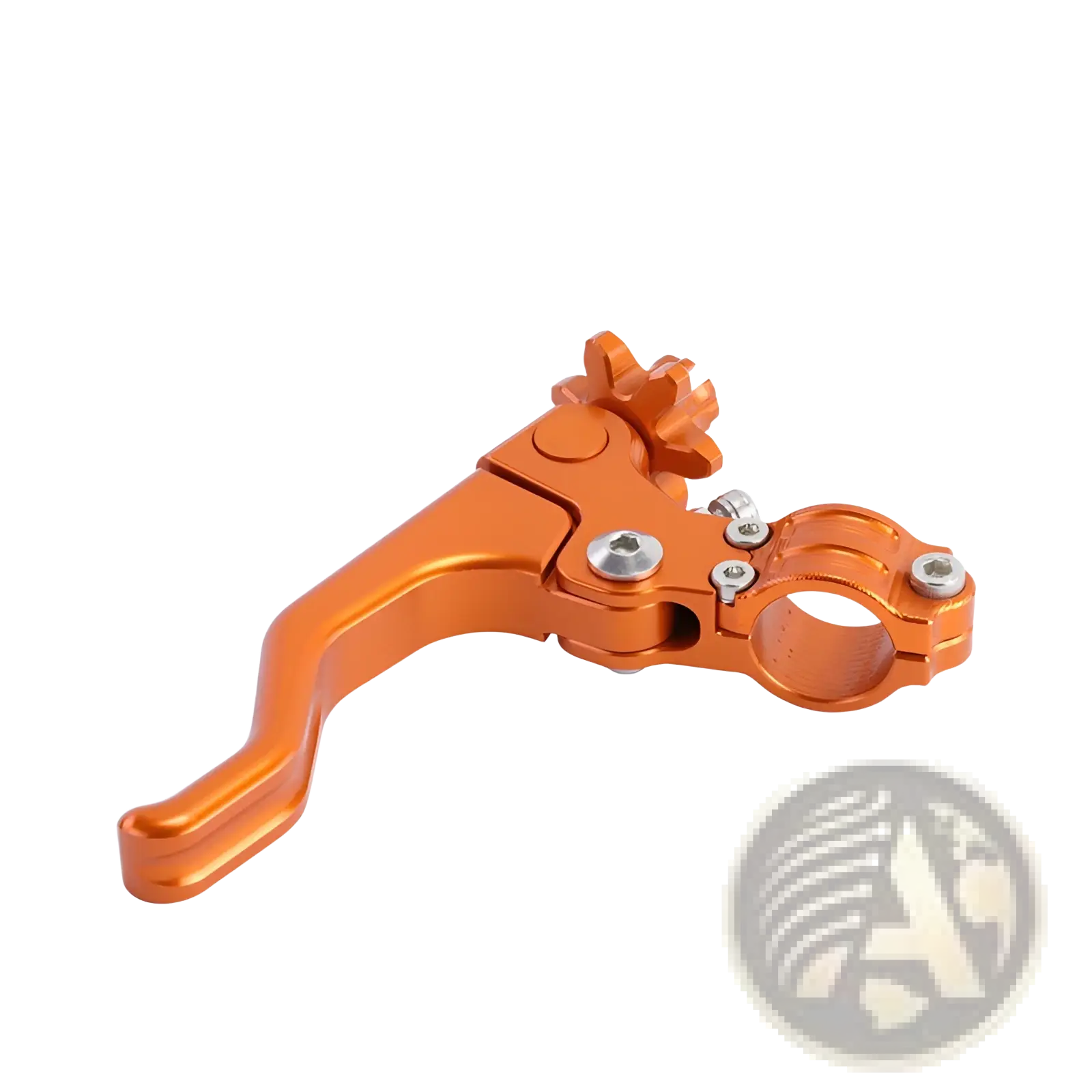 Orange aluminum motorcycle brake clutch lever set two finger with gear-like adjustment knob and silver screws shown from back side