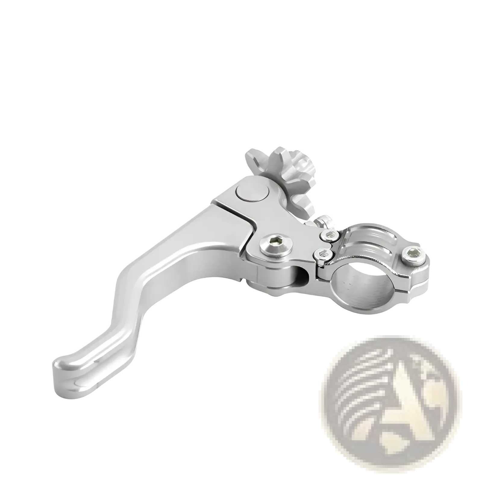 Silver aluminum motorcycle brake clutch lever set with gear-shaped adjustment knob and cylindrical clamp shown from back side
