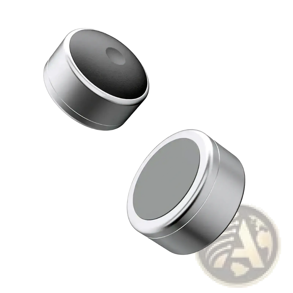 Silver cylindrical magnetic closures with dark gray faces for aluminum portable laptop stand feet with smooth metallic finish