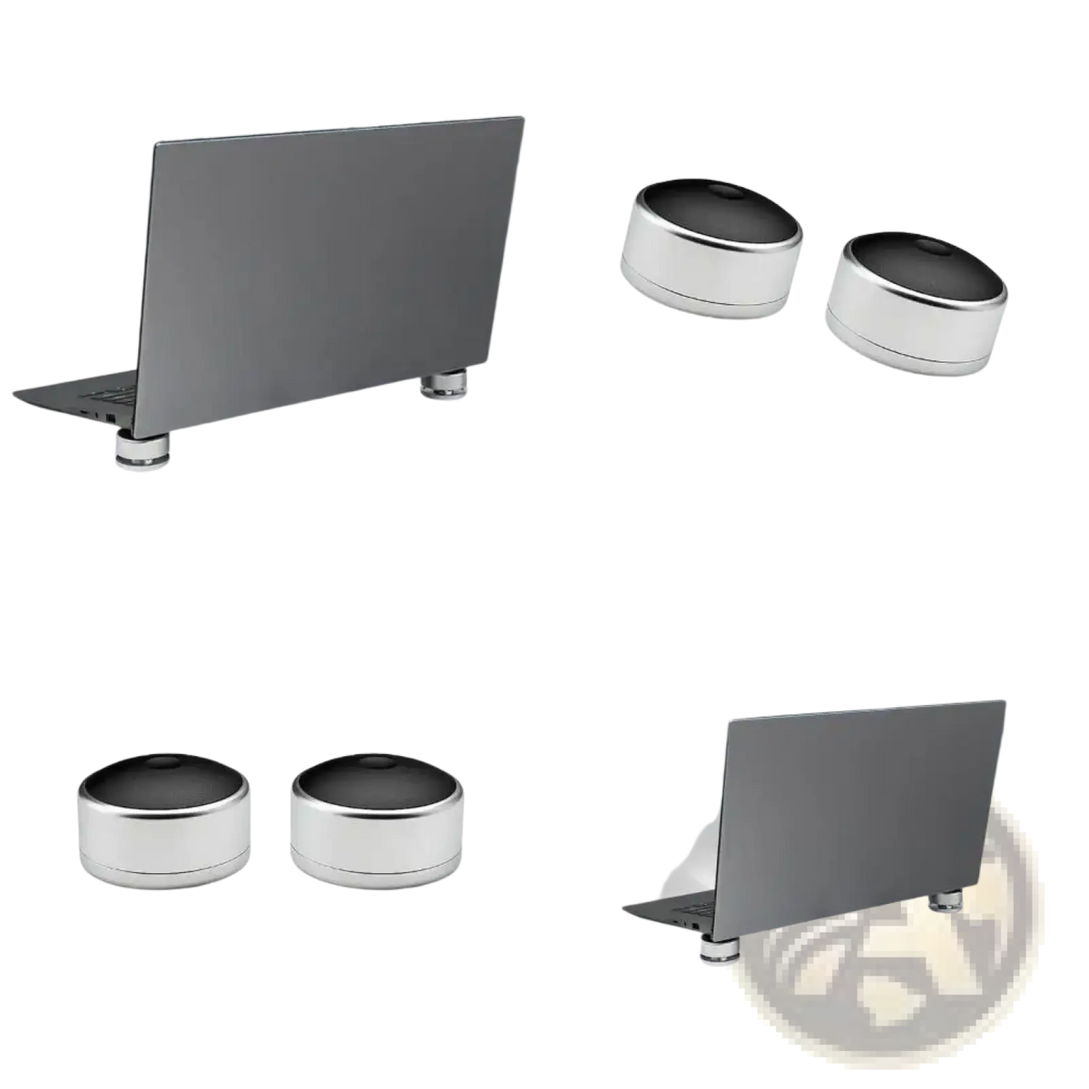 Silver aluminum portable laptop stand feet with black circular tops designed for ergonomic support and stability