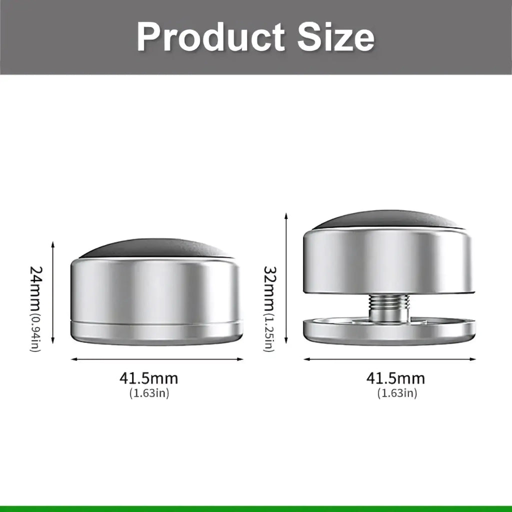 Silver metallic wall-mounted button with black rubber top and threaded screw base for aluminum portable laptop stand feet