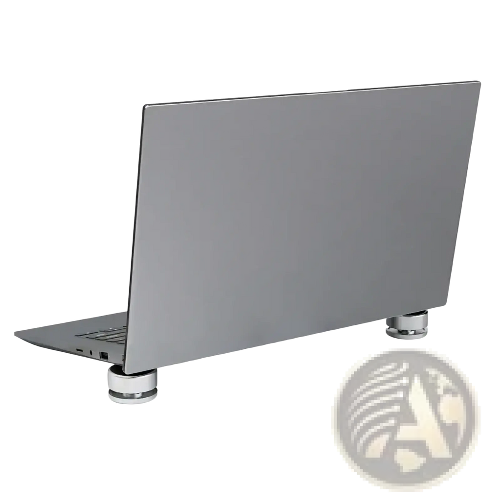 Silver aluminum portable laptop stand with sleek cylindrical metallic legs supporting matte gray laptop front view