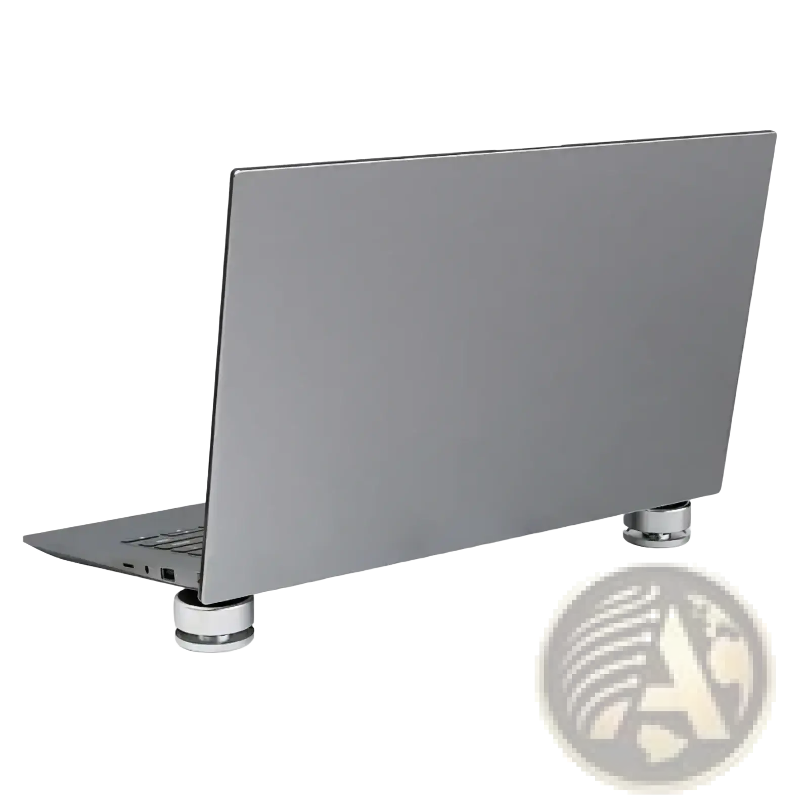 Silver aluminum portable laptop stand with sleek cylindrical metallic legs supporting matte gray laptop front view