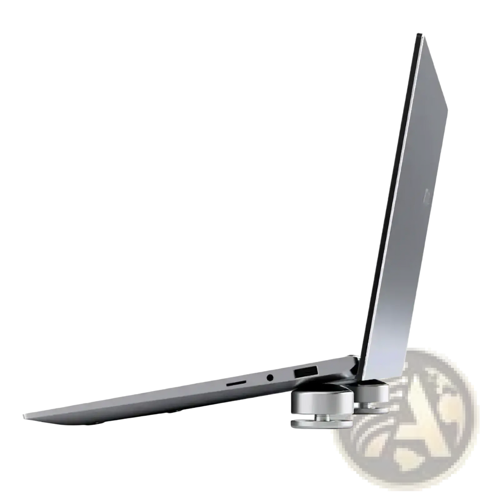 Silver aluminum portable laptop stand with sleek cylindrical metallic legs supporting a modern gray laptop