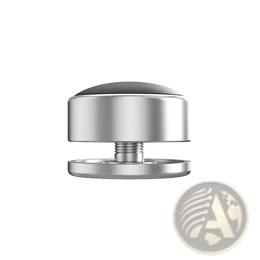 Silver-toned aluminum portable laptop stand feet with glass-mounted wall bracket and matte black rubberized top cap