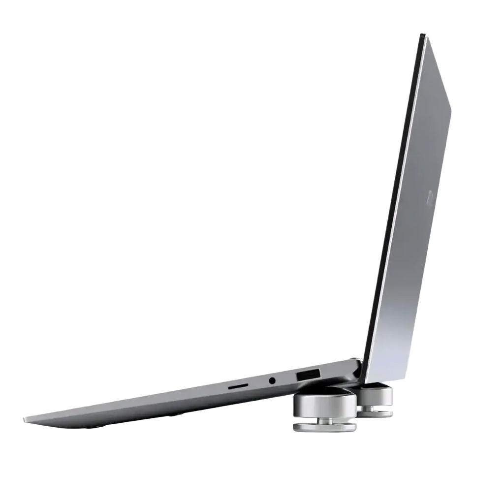 Silver aluminum portable laptop stand with sleek cylindrical metallic legs supporting a modern gray laptop
