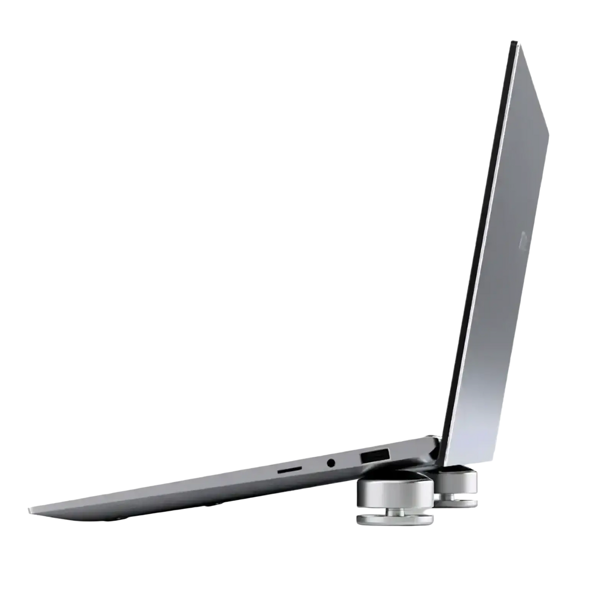 Silver aluminum portable laptop stand with sleek cylindrical metallic legs supporting a modern gray laptop