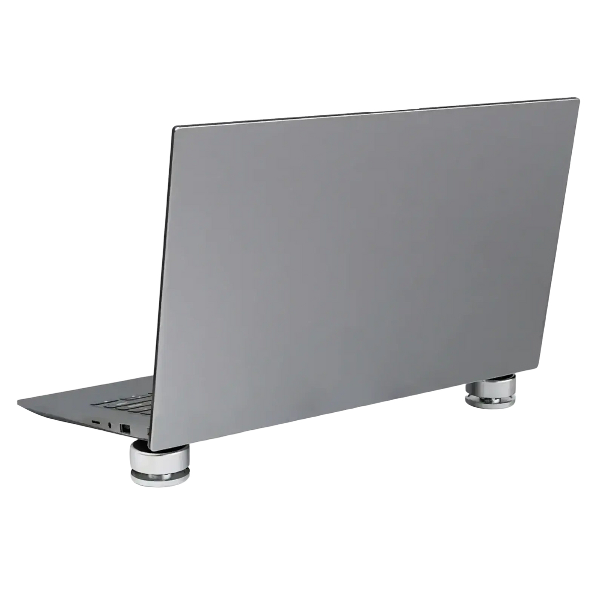 Silver aluminum portable laptop stand with sleek cylindrical metallic legs supporting matte gray laptop front view
