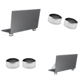 Silver aluminum portable laptop stand feet with black circular tops designed for ergonomic support and stability