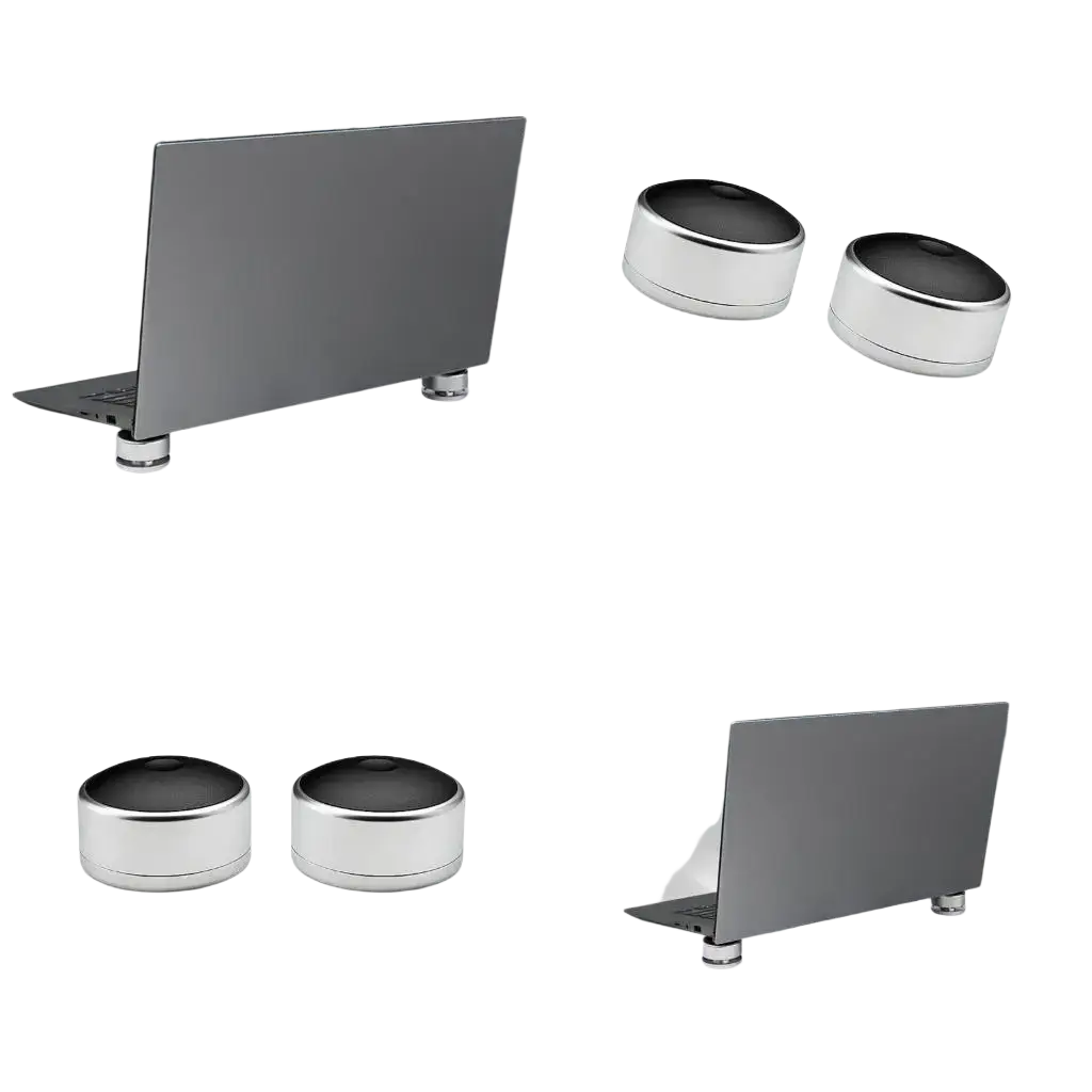 Silver aluminum portable laptop stand feet with black circular tops designed for ergonomic support and stability
