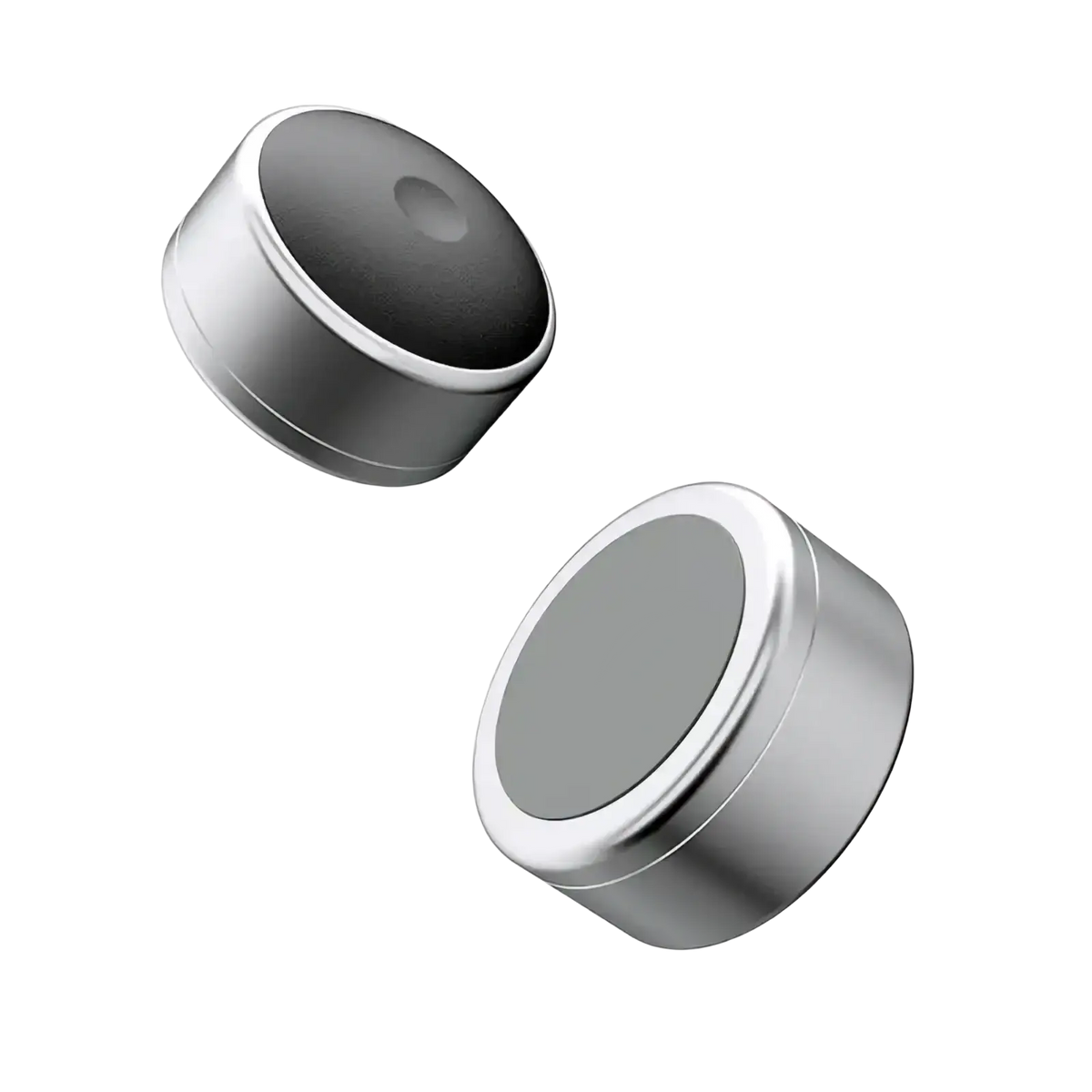 Silver cylindrical magnetic closures with dark gray faces for aluminum portable laptop stand feet with smooth metallic finish