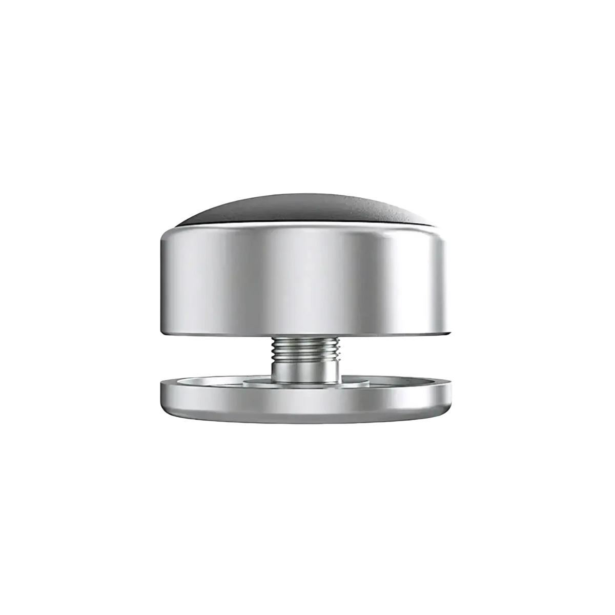 Silver-toned aluminum portable laptop stand feet with glass-mounted wall bracket and matte black rubberized top cap