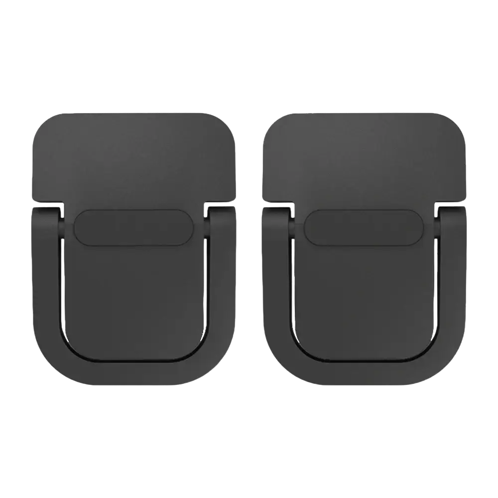 Black plastic phone stand with sleek minimalist design and rounded edges featuring portable legs for laptop stand use