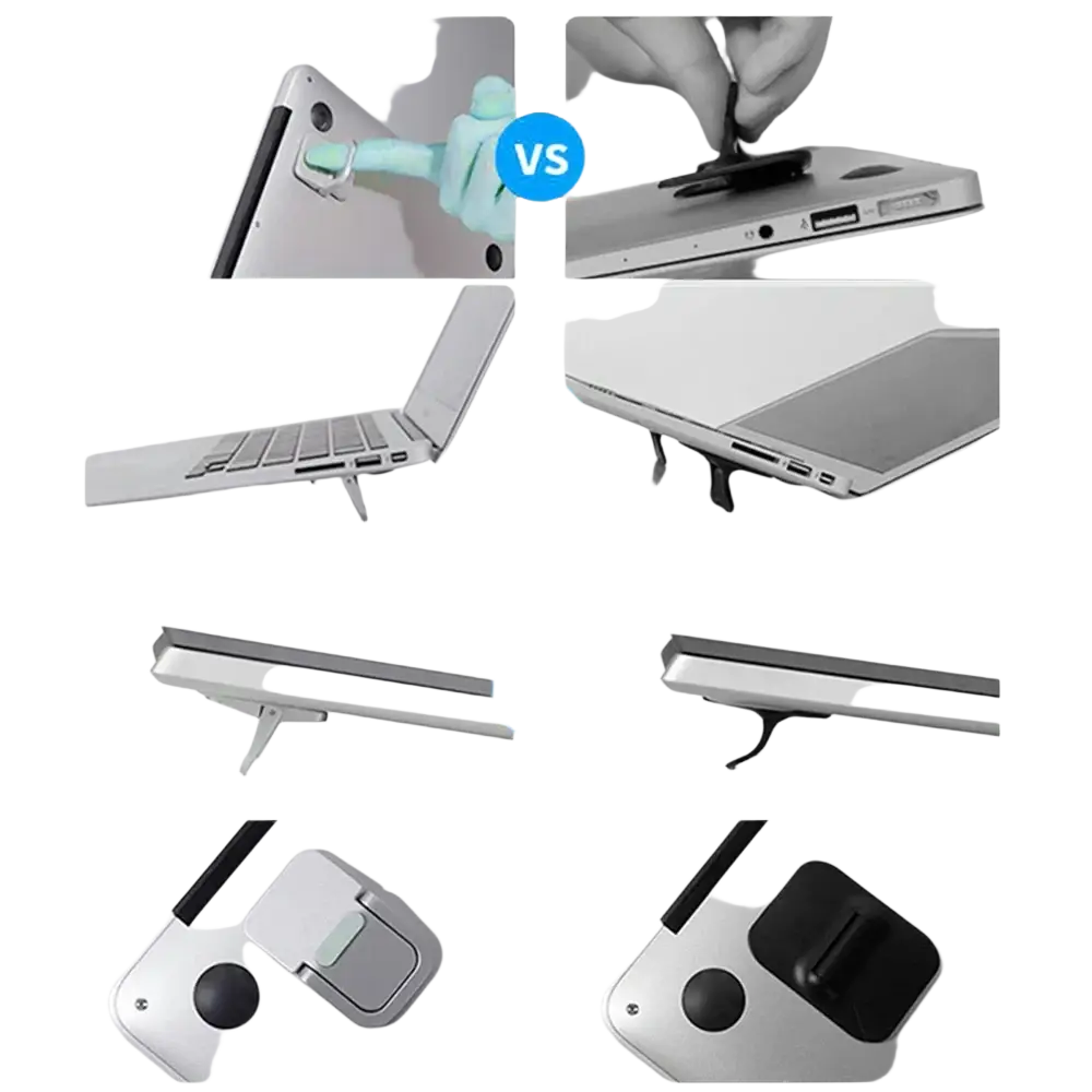 Black and silver aluminum laptop stand with portable legs and adjustable magnetic grip design for stability