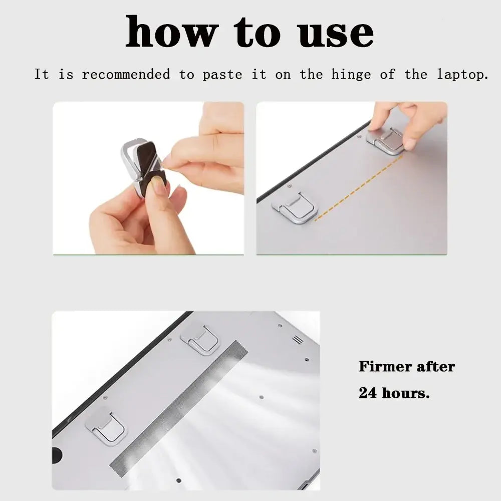 Silver aluminum laptop stand adhesive pad designed for easy attachment with portable legs and hinge stand features