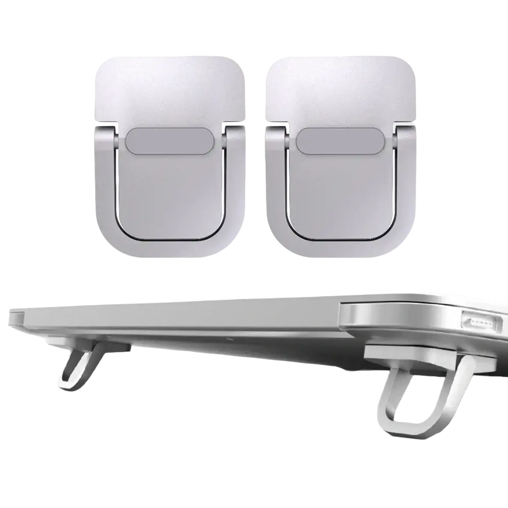 Silver metallic aluminum laptop stand with sleek minimalist design and two adjustable ring-style portable legs
