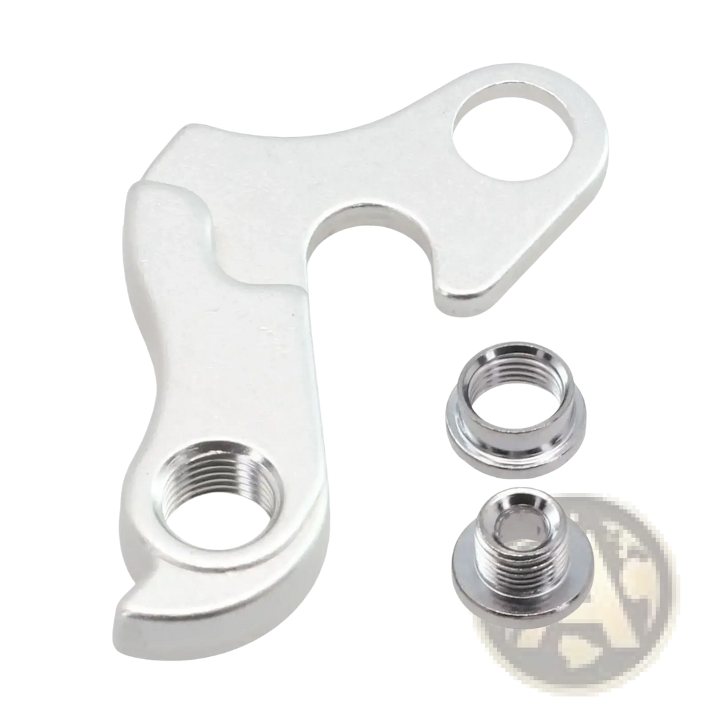 Silver aluminum rear derailleur hanger for merida and carrera shown from the back with two threaded mounting nuts