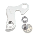 Silver aluminum rear derailleur hanger for merida and carrera shown from the back with two threaded mounting nuts
