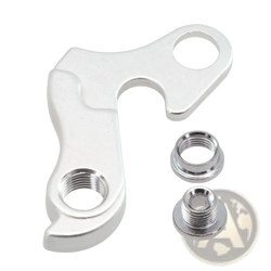 Silver aluminum rear derailleur hanger for merida and carrera shown from the back with two threaded mounting nuts