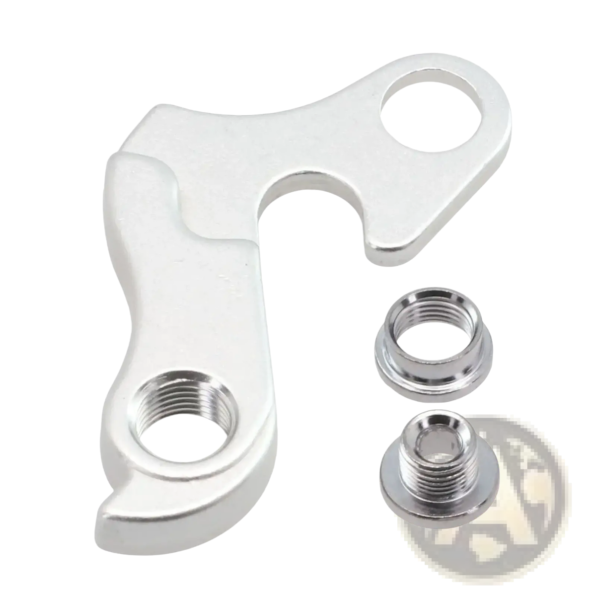Silver aluminum rear derailleur hanger for merida and carrera shown from the back with two threaded mounting nuts