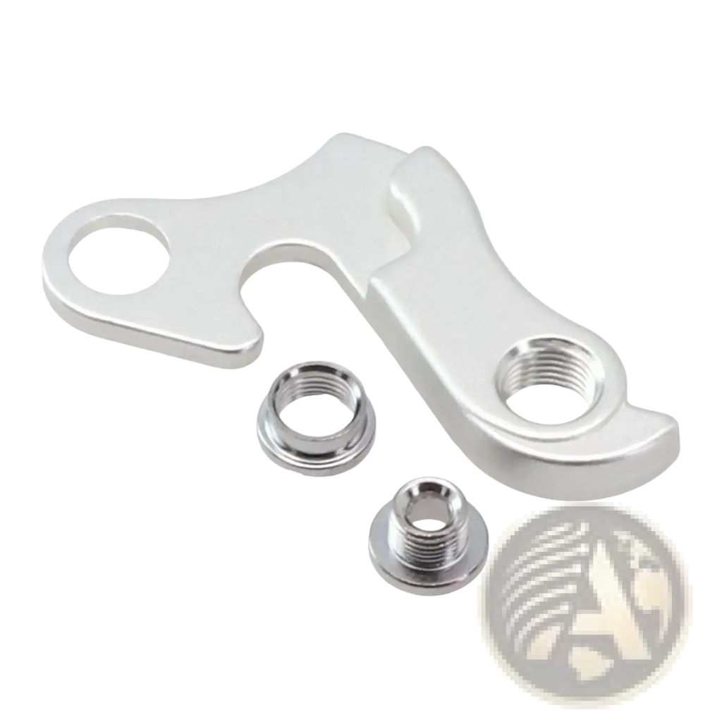 Silver metallic aluminum rear derailleur hanger for Merida and Carrera with two matching threaded mounting nuts shown from back side