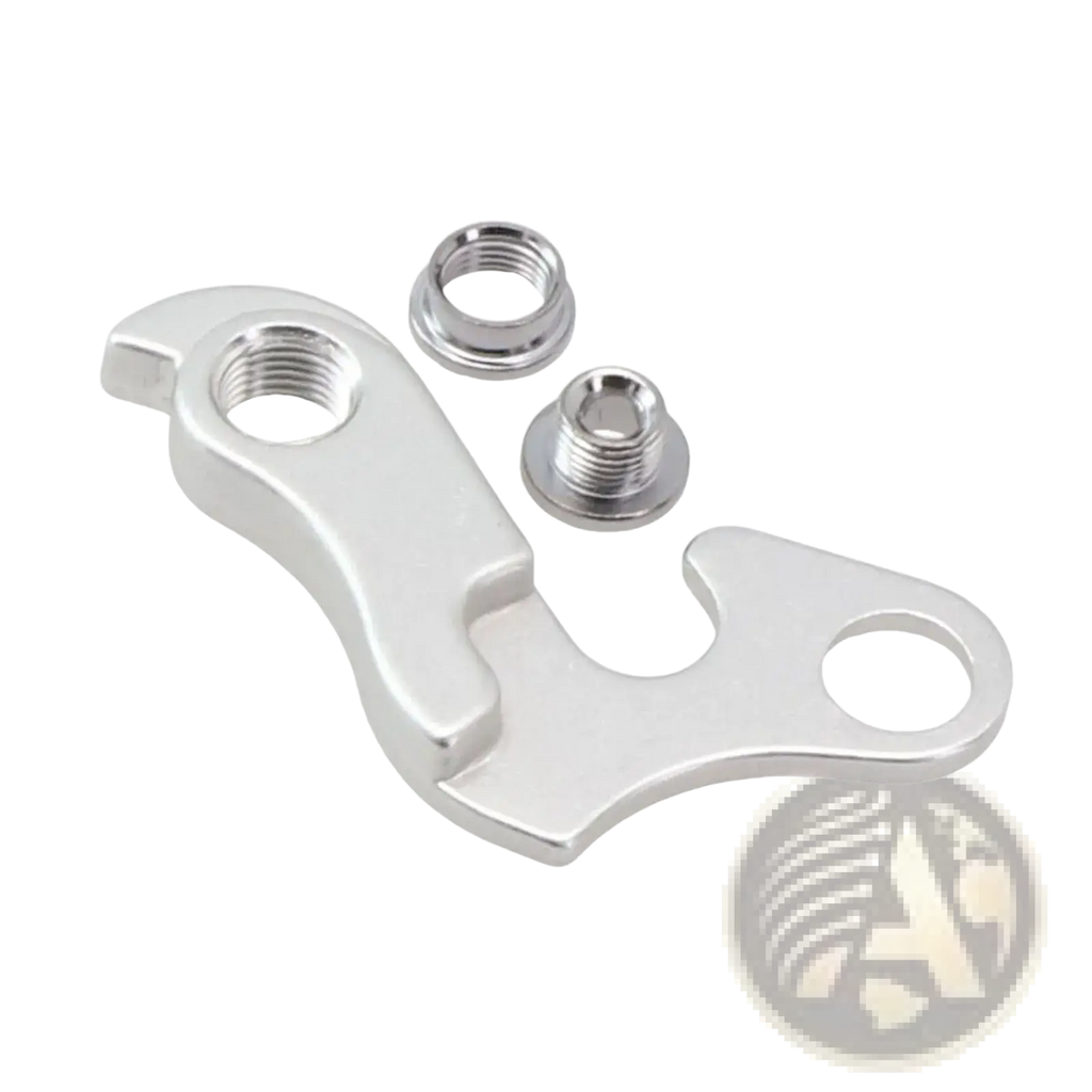 Silver metallic aluminum rear derailleur hanger for merida and carrera with two matching threaded nuts shown from back side