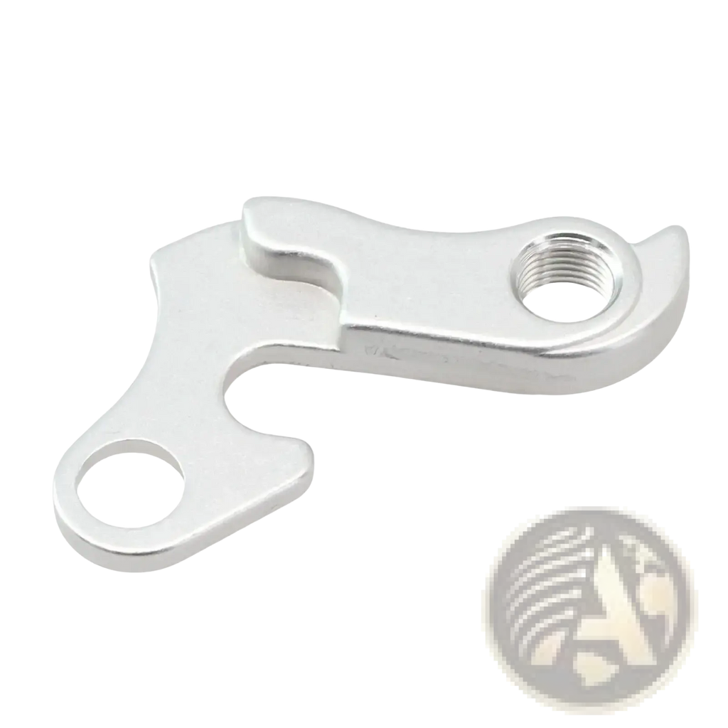 Aluminum rear derailleur hanger for merida and carrera in silver metallic showing back side with threaded hole and cut-outs