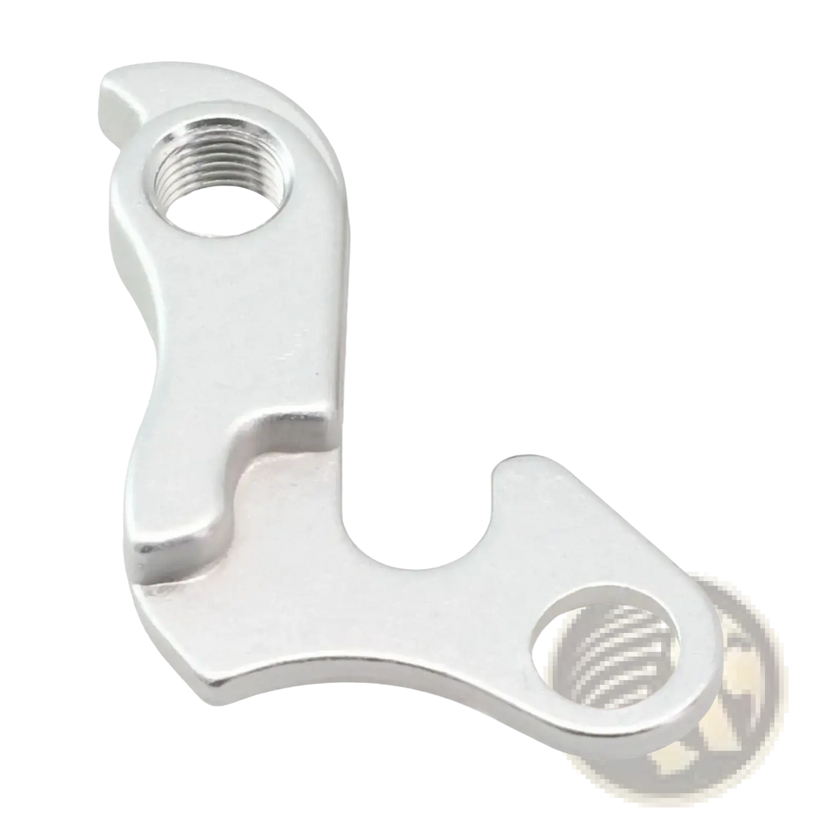 Silver metallic aluminum rear derailleur hanger for merida and carrera with threaded hole and two cutouts backside view