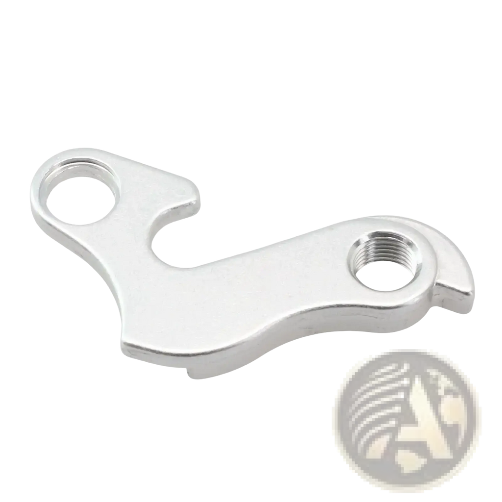 Aluminum rear derailleur hanger for Merida and Carrera with silver metallic finish and two mounting holes shown from back side