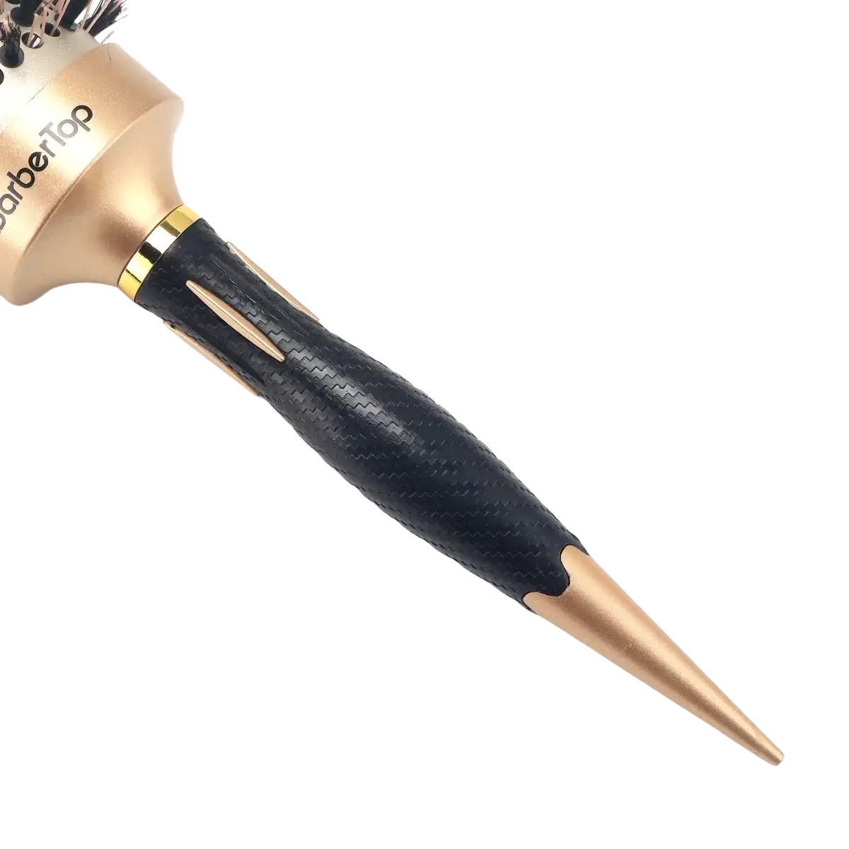 Barbertop aluminum round hair styling brush with a sleek black carbon fiber handle and gold-toned metal accents