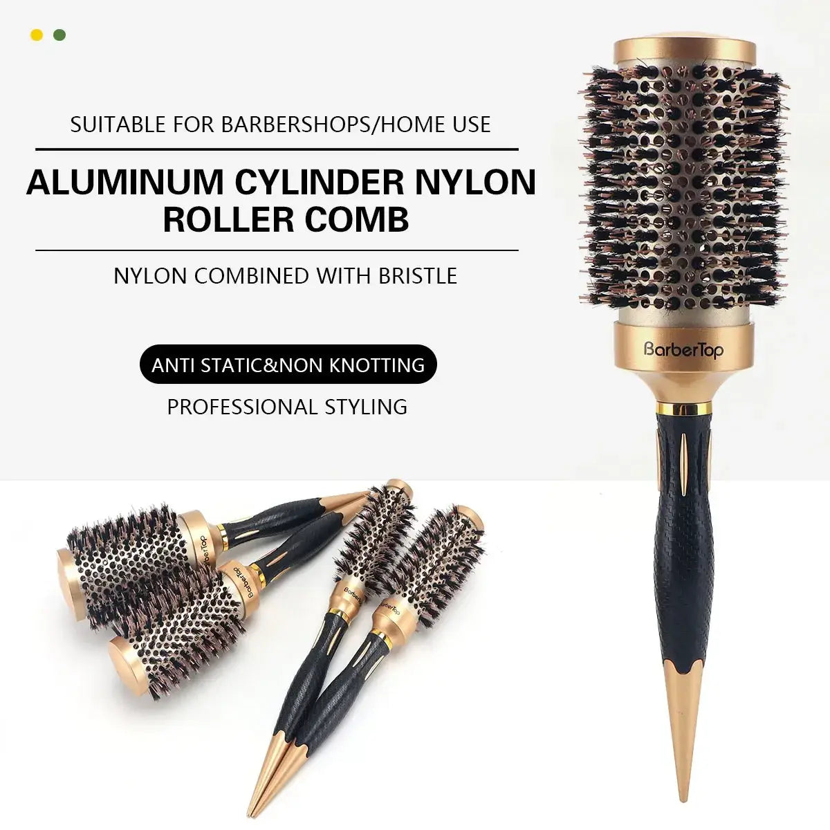Aluminum round hair styling brush with gold-accented cylinder roller comb and black nylon bristle brush heads