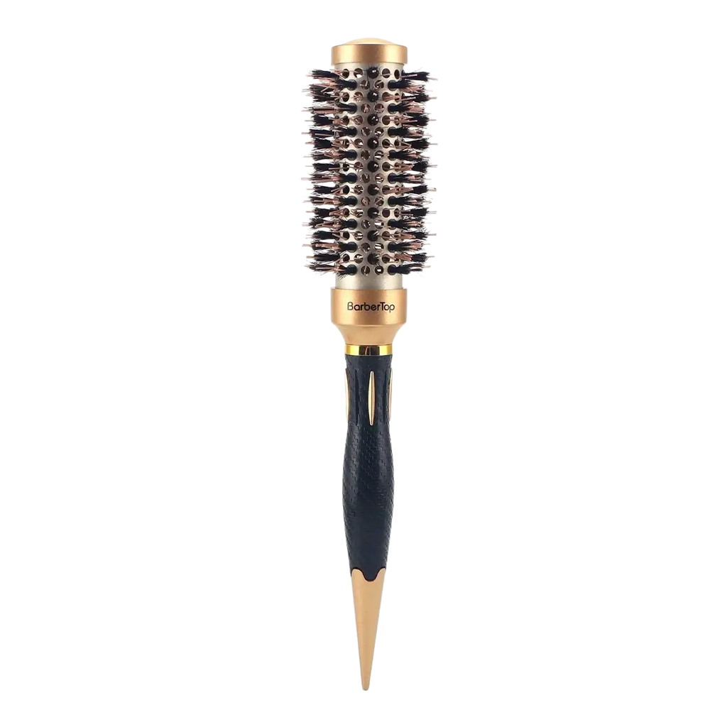 Aluminum round hair styling brush with gold and black colors dense bristles and textured grip for barber use