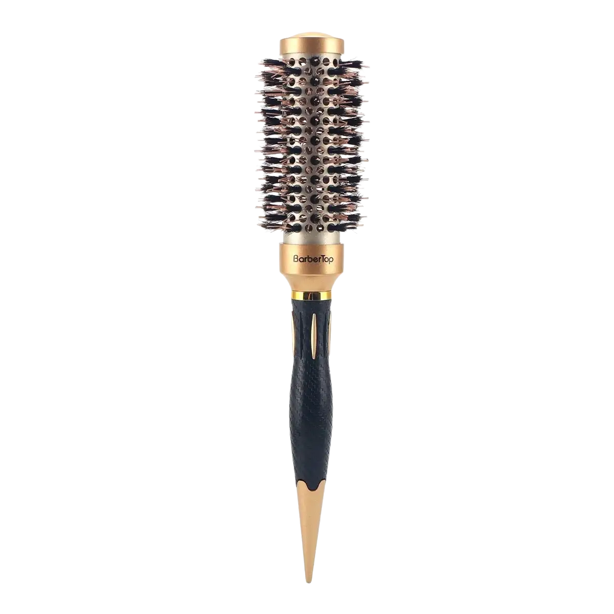 Aluminum round hair styling brush with gold and black colors dense bristles and textured grip for barber use
