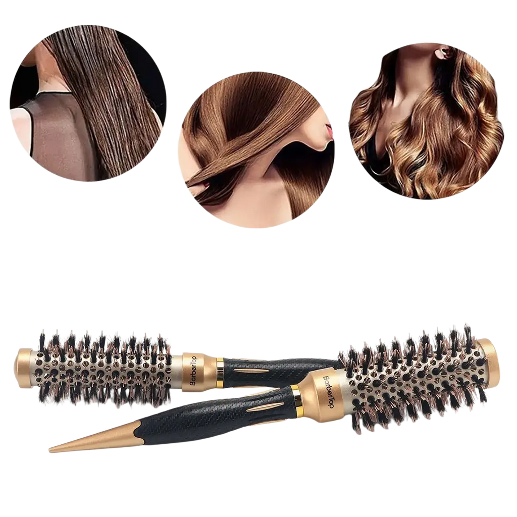 Aluminum round hair styling brush set with gold and black dense bristles for wet thick or curly hair