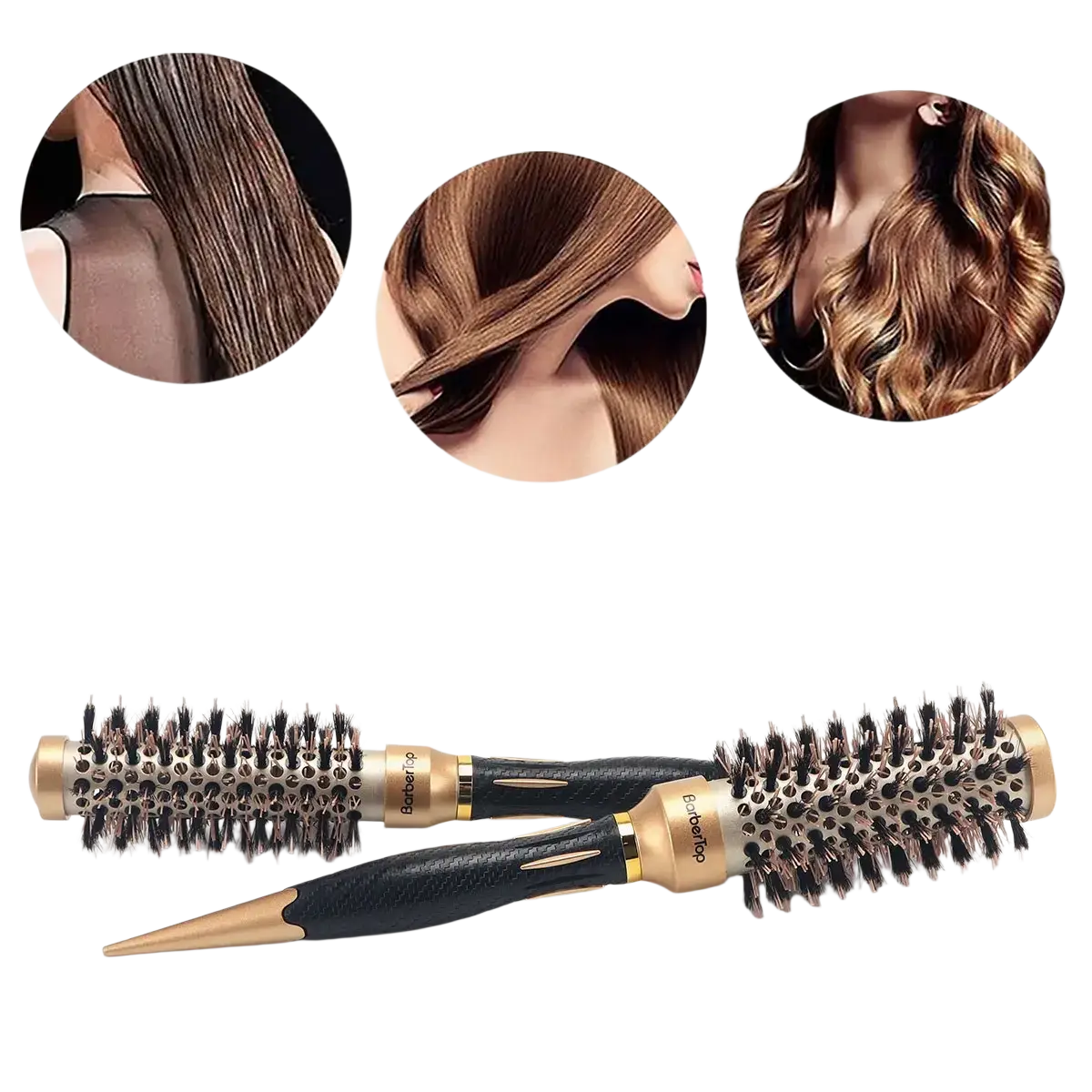 Aluminum round hair styling brush set with gold and black dense bristles for wet thick or curly hair