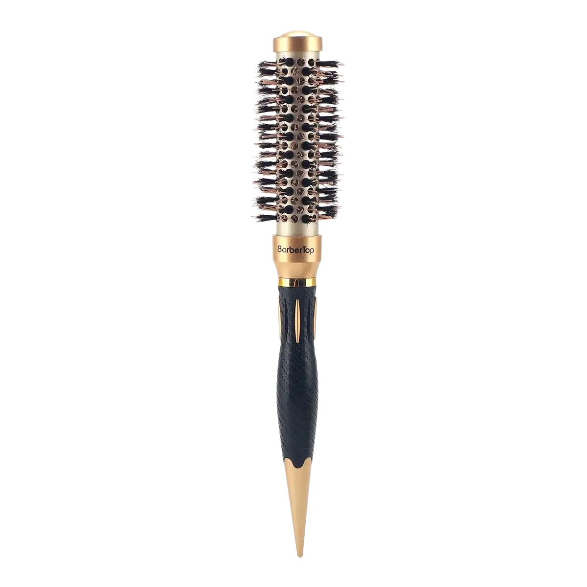 Aluminum round hair styling brush with gold and black textured grip handle and dense bristles for styling