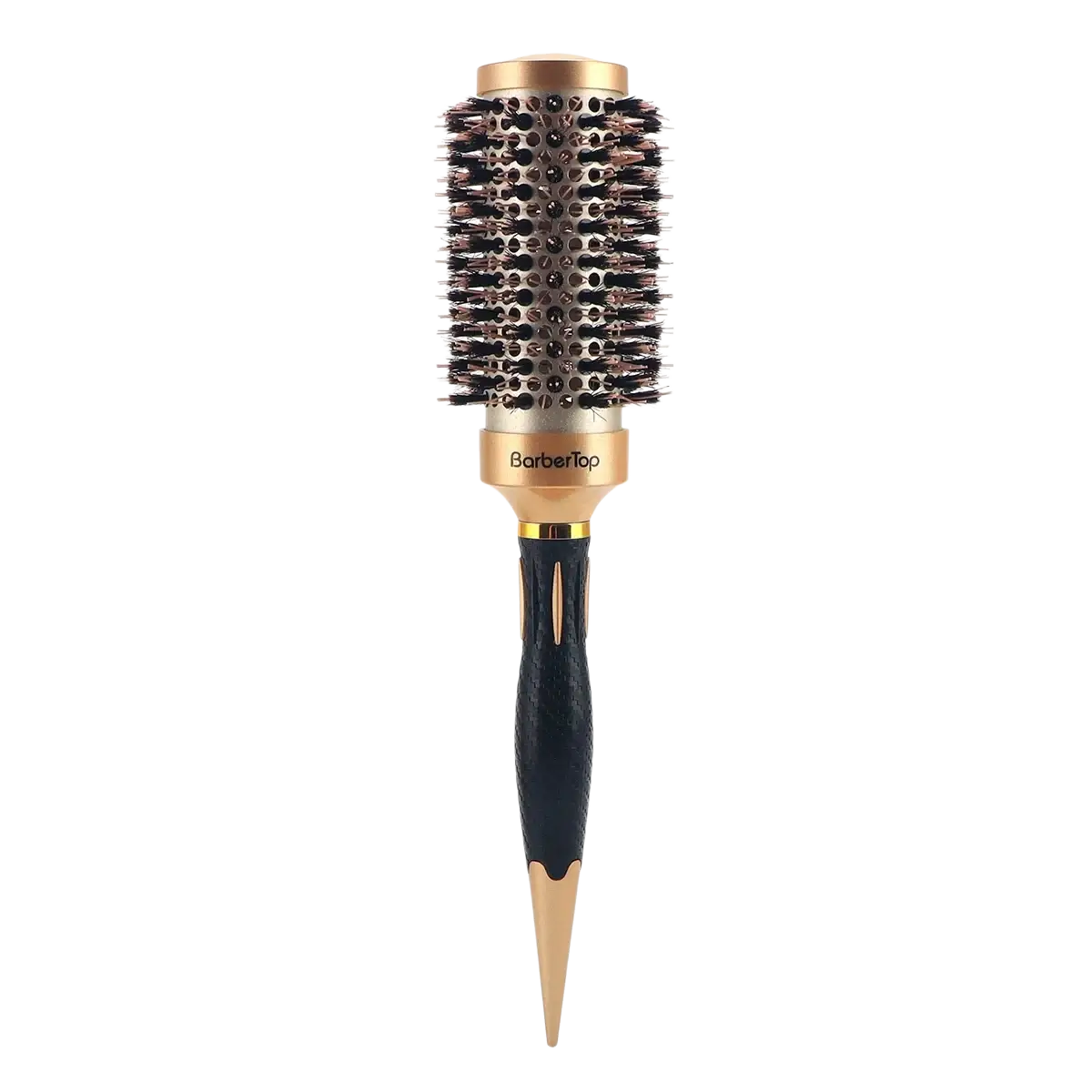 Aluminum round hair styling brush with a gold and black finish, rounded barrel, dense bristles, and textured grip