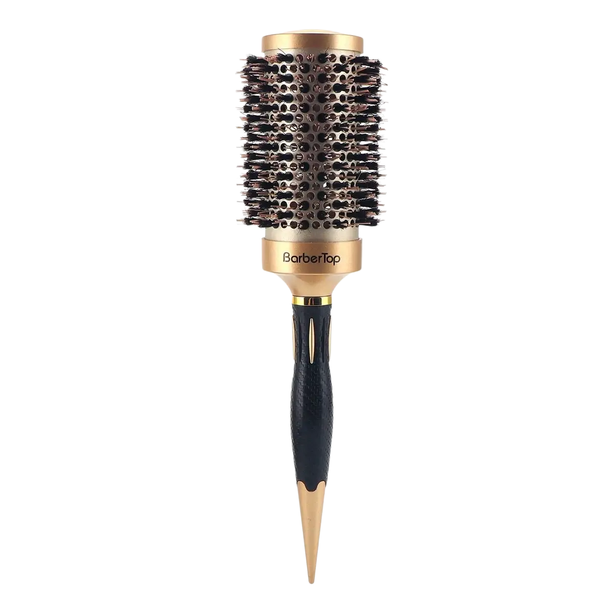 Aluminum round hair styling brush with gold and black handle and dense dark cylindrical bristle barrel for styling