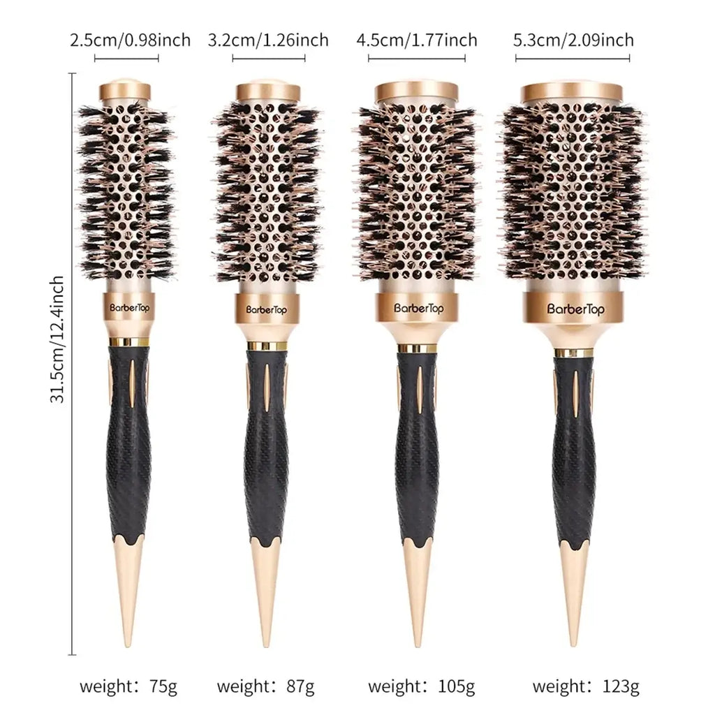 Set of four aluminum round hair styling brushes with black and gold handles and dense bristles in varying sizes