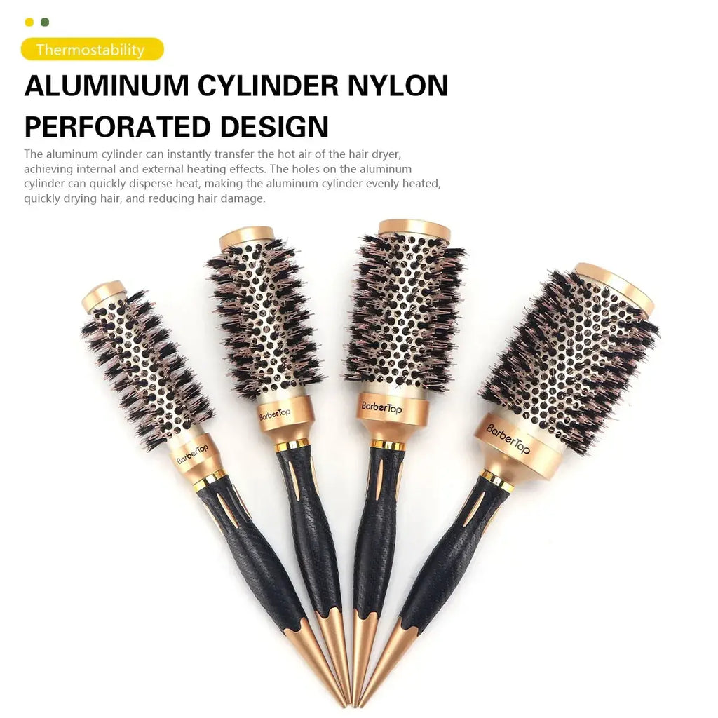 Set of four aluminum round hair styling brushes with perforated nylon bristles gold metal handles and black grips