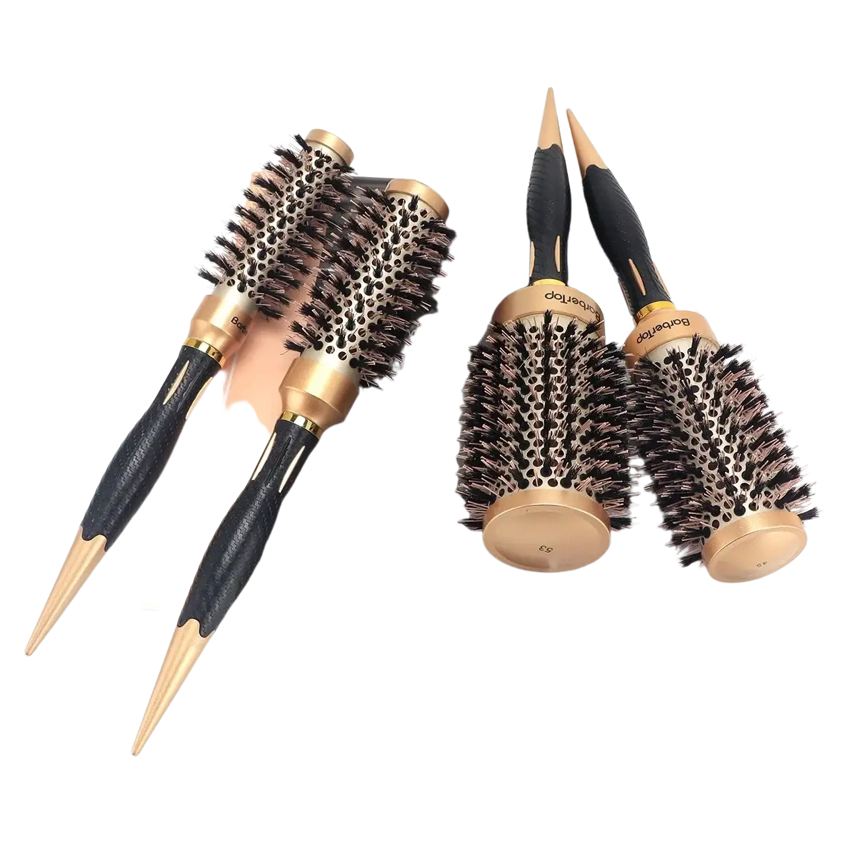 Set of four aluminum round hair styling brushes with gold accents black textured handles and dense dark bristles