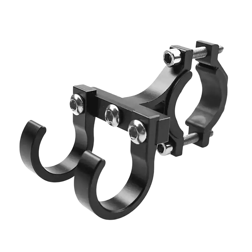 Black aluminum scooter handlebar dual hook hanger with two curved hooks and adjustable clamps for secure mounting