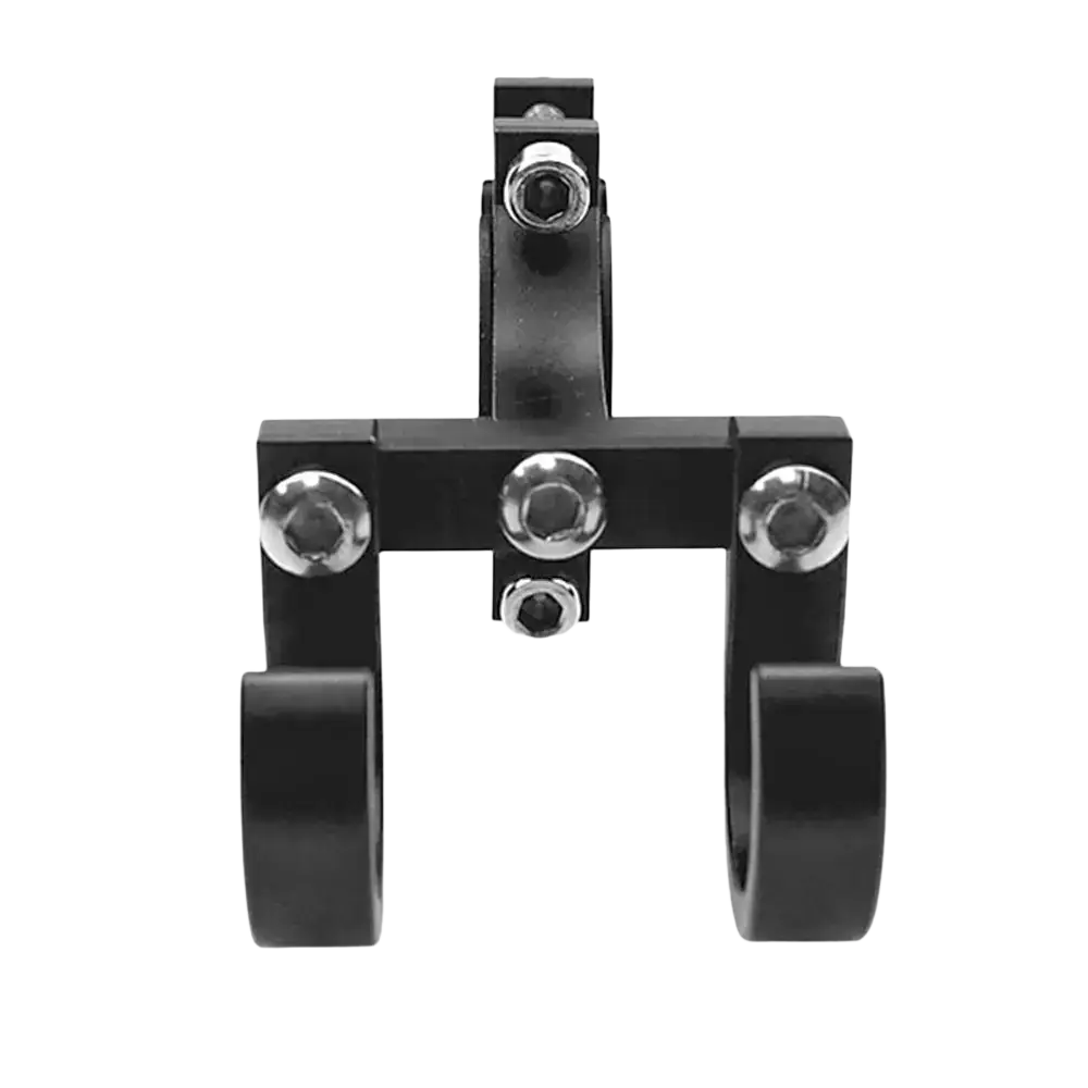 Black aluminum scooter handlebar dual hook hanger with three silver screws and two curved clamps mounted on bike handlebar