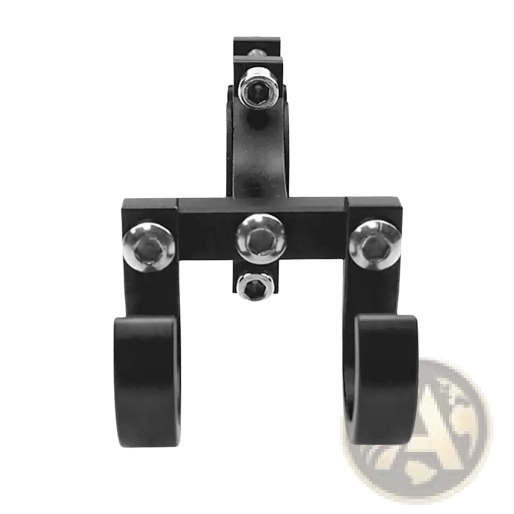 Black aluminum scooter handlebar dual hook hanger with three silver screws and two curved clamps mounted on bike handlebar