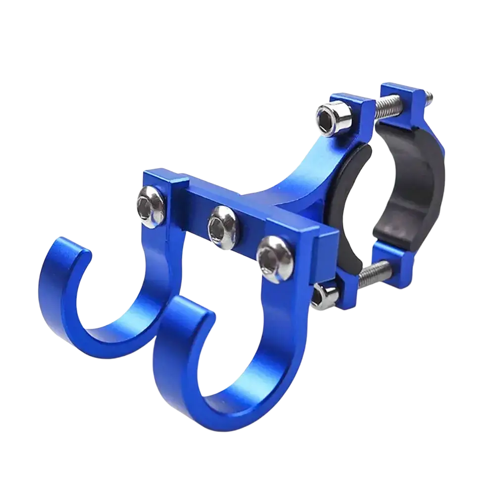 Blue aluminum scooter handlebar dual hook hanger with black rubber grip and silver screws for secure attachment