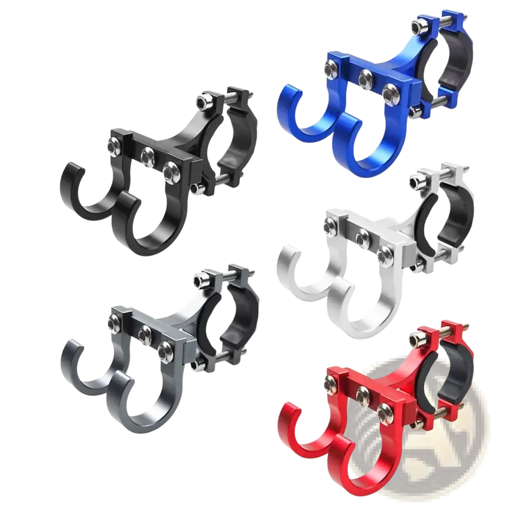 Aluminum scooter handlebar dual hook hanger in blue black silver titanium and red with sleek metallic finish