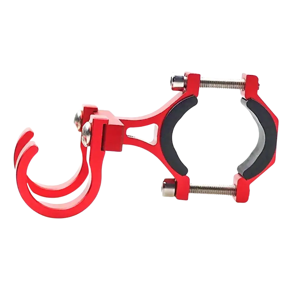Red aluminum scooter handlebar dual hook hanger with black rubber grip and adjustable screw mechanism