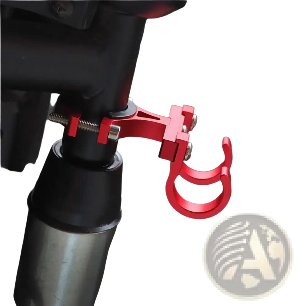 Red aluminum scooter handlebar dual hook hanger with curved hook for securely mounting items on a bicycle handlebar